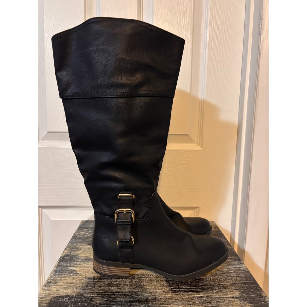 Black Faux Leather Tall Riding Boots Wide Width Buckle Detail Size 10W
